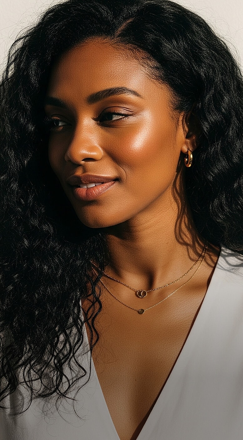 Woman with curly hair and layered gold necklaces.